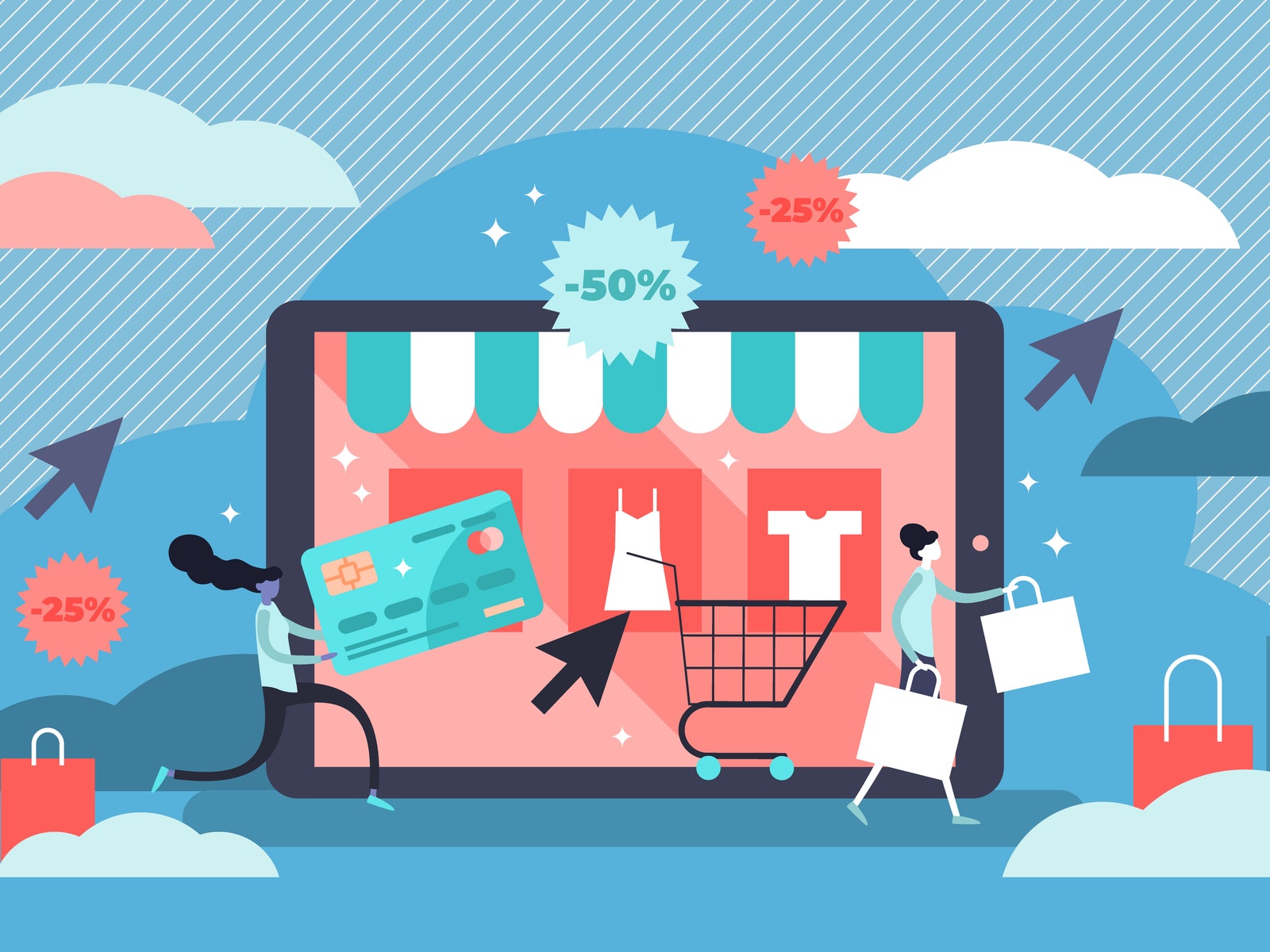 Online shopping illustration. Flat tiny persons digital shop concept. Virtual network business distance retail and...