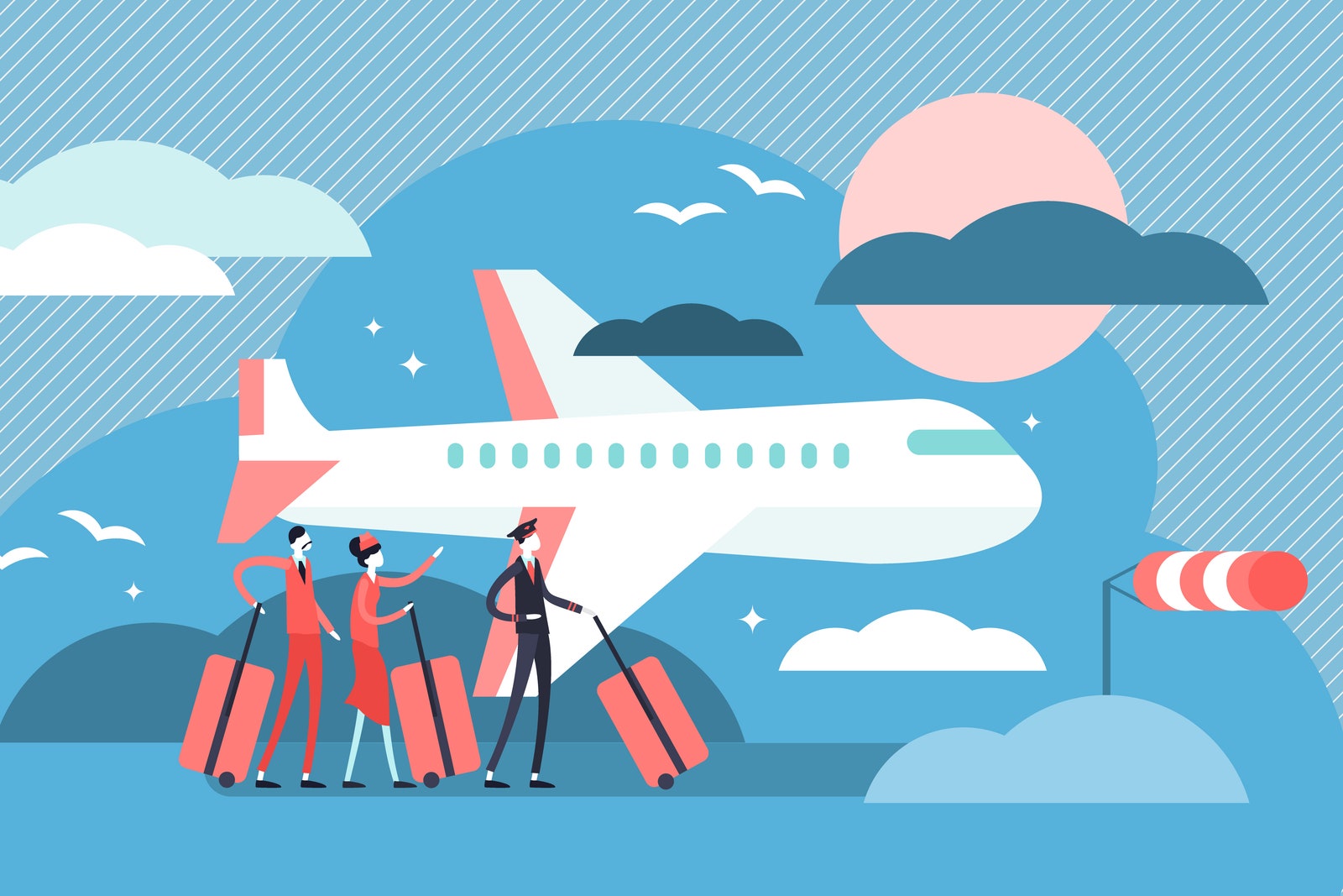 Airline vector illustration. Flat tiny sky transportation persons concept. Airplane journey departure to international...